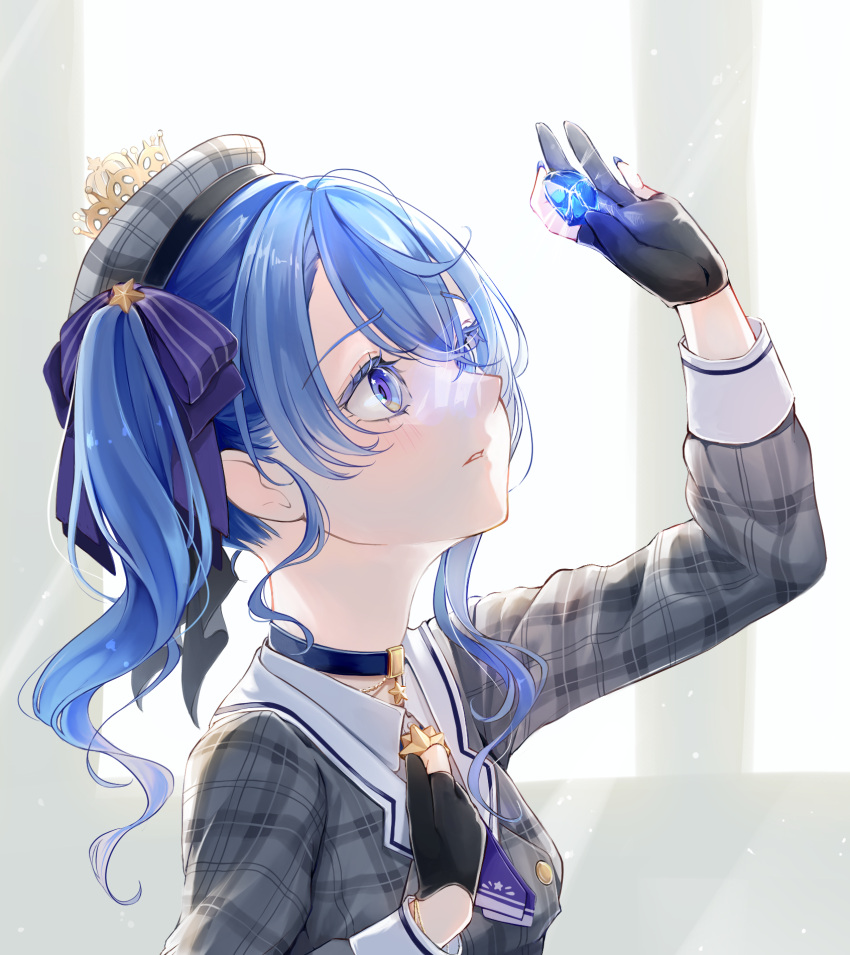 1girl, arinko_kotsunko, asymmetrical_hair, beret, black_gloves, blue_choker, blue_eyes, blue_hair