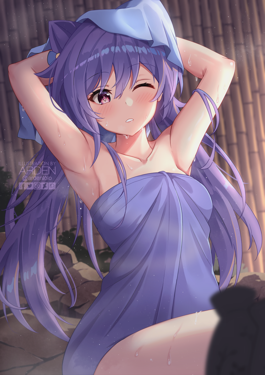 1girl, after_bathing, ardenlolo, armpits, artist_name, bath, blush, double_bun, drying, drying_hair, genshin_impact, keqing_(genshin_impact), long_hair, naked_towel, one_eye_closed, onsen, parted_lips, purple_hair, purple_towel, rock, solo, steam, towel, towel_on_head, twintails, violet_eyes, watermark, wet