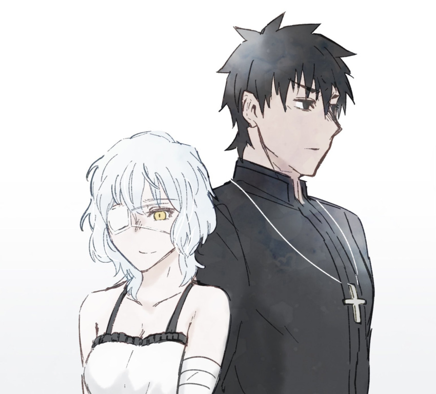 1boy, 1girl, bandage_over_one_eye, bandaged_arm, bandages, bare_shoulders, black_eyes, black_hair