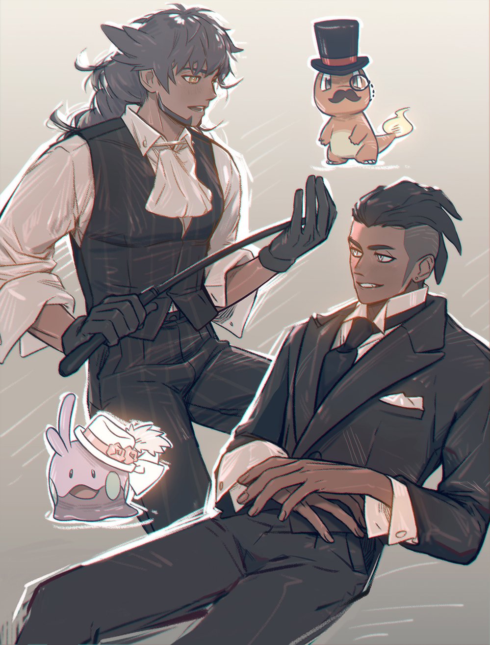 2boys, beard, black_gloves, black_hair, black_headwear, black_jacket, black_neckwear, black_pants, black_vest, blazer, bright_pupils, charmander, collar_pin, collared_shirt, commentary_request, crotch_seam, dark_skin, dark_skinned_male, earrings, facial_hair, formal, gen_1_pokemon, gen_6_pokemon, gloves, goomy, gradient, gradient_background, grey_background, grin, hat, highres, holding, jacket, jewelry, korean_commentary, lapel, leon_(pokemon), long_sleeves, male_focus, mikripkm, monocle, multiple_boys, mustache, necktie, open_mouth, pants, pinstripe_pattern, pocket_square, pokemon, pokemon_(creature), pokemon_(game), pokemon_swsh, raihan_(pokemon), shirt, shirt_tucked_in, smile, standing, striped, striped_pants, striped_vest, stud_earrings, suit, teeth, top_hat, undercut, vest, white_neckwear, white_pupils, white_shirt, yellow_neckwear