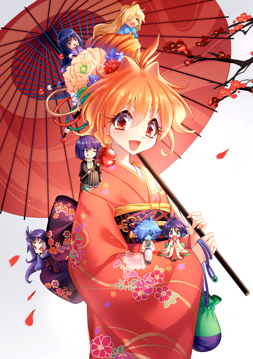 3boys, 4girls, absurdres, alternate_costume, bangs, black_hair, blonde_hair, chibi