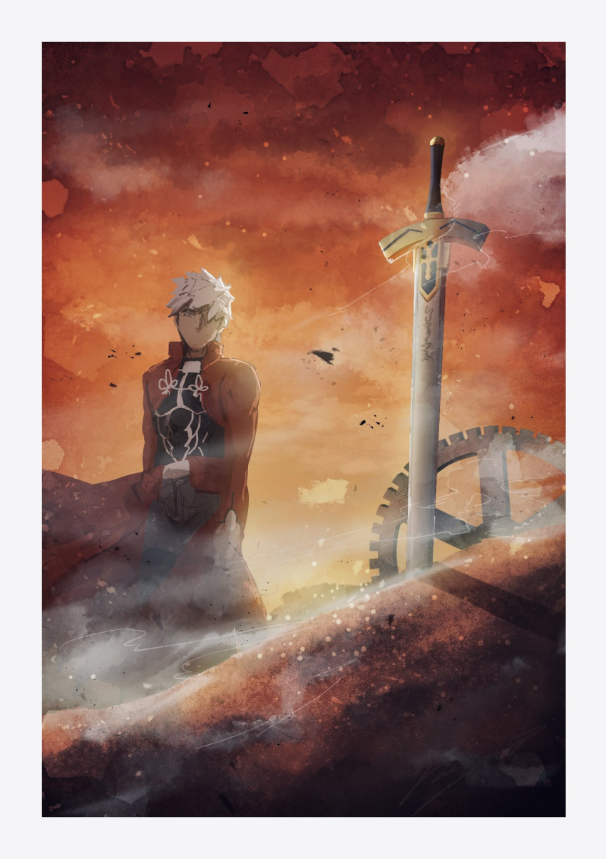 1boy, archer, armor, border, dark_skin, dust, excalibur, fate/stay_night