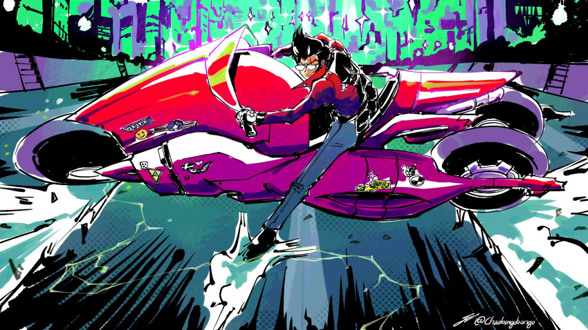1boy, 4th_chaos_emerald, akira, black_hair, city, crossover, denim, english_commentary