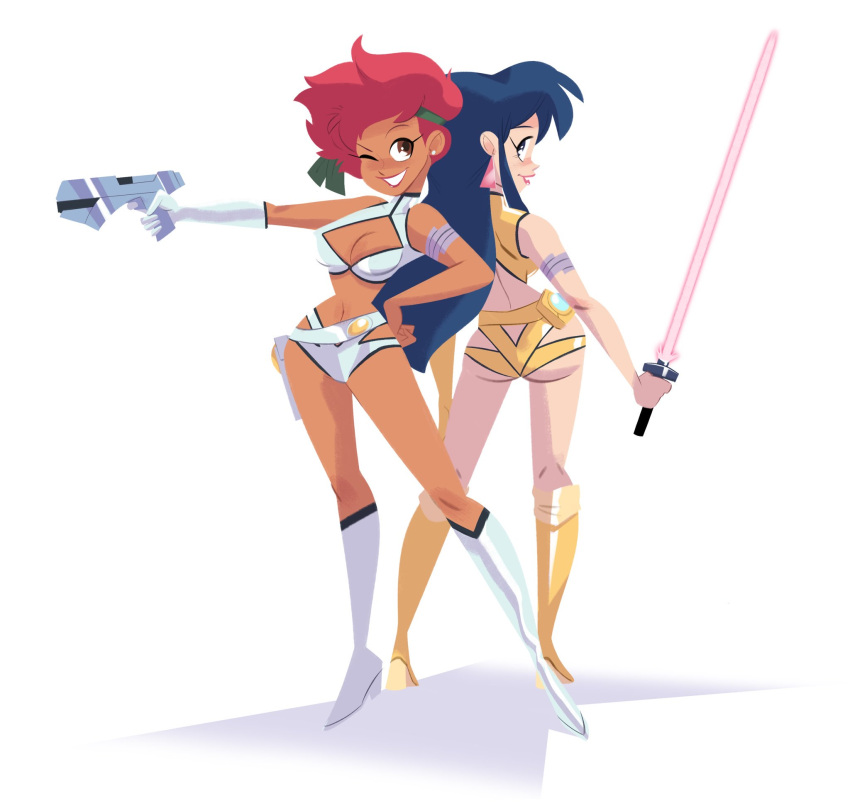 2girls, back-to-back, blue_hair, boots, breasts, brown_eyes, cleavage_cutout, clothing_cutout