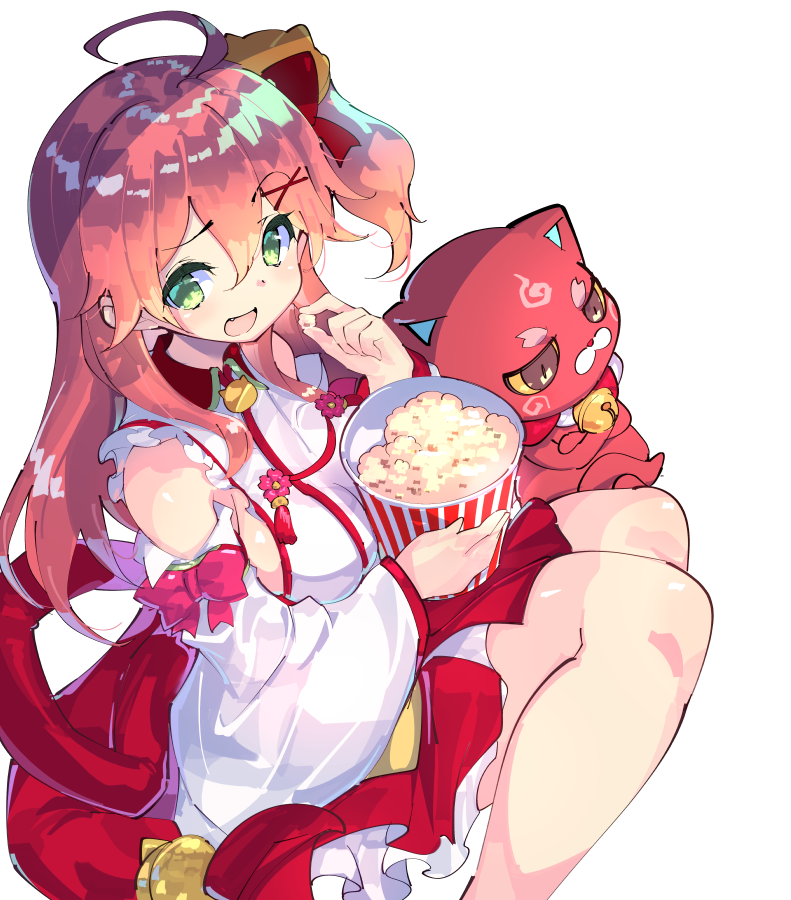 ahoge, cat, detached_sleeves, eyebrows_visible_through_hair, food, fujishima-sei_ichi-gou, green_eyes, hair_ornament