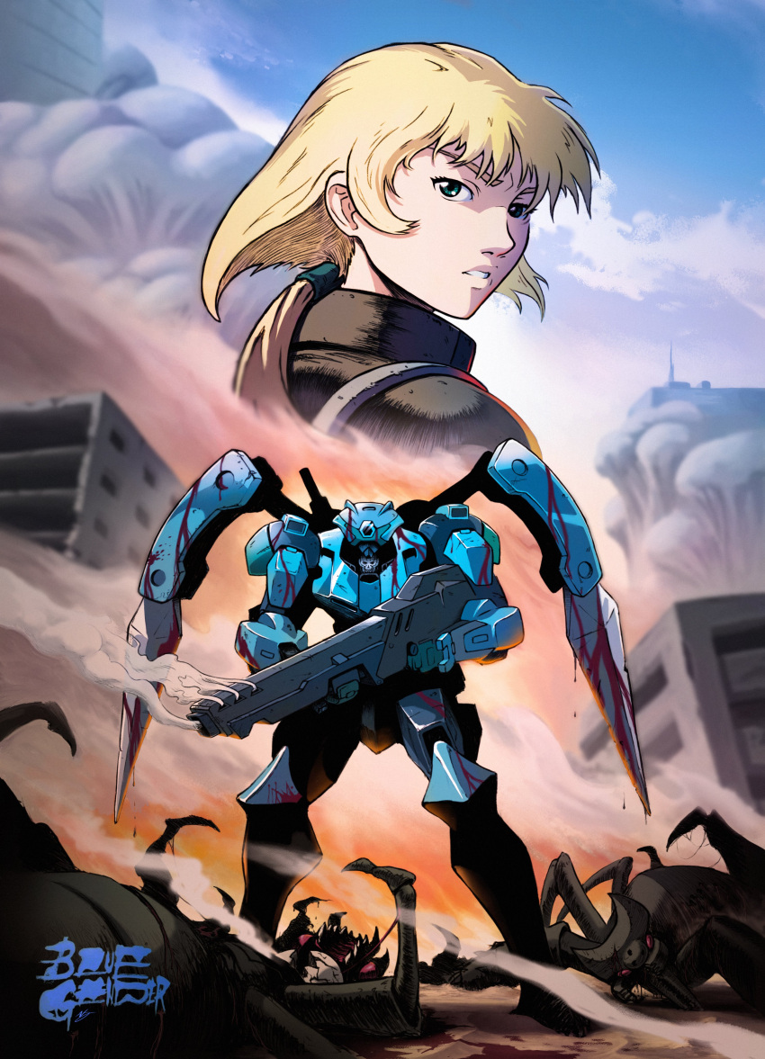 1girl, absurdres, andrew_v_jacobs, blood, blue_gender, copyright_name, english_commentary, giant_insect