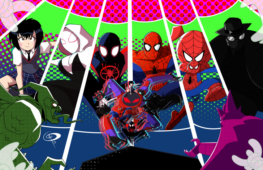 2girls, 4boys, absurdres, black_bodysuit, bodysuit, boots, chillguydraws, coat