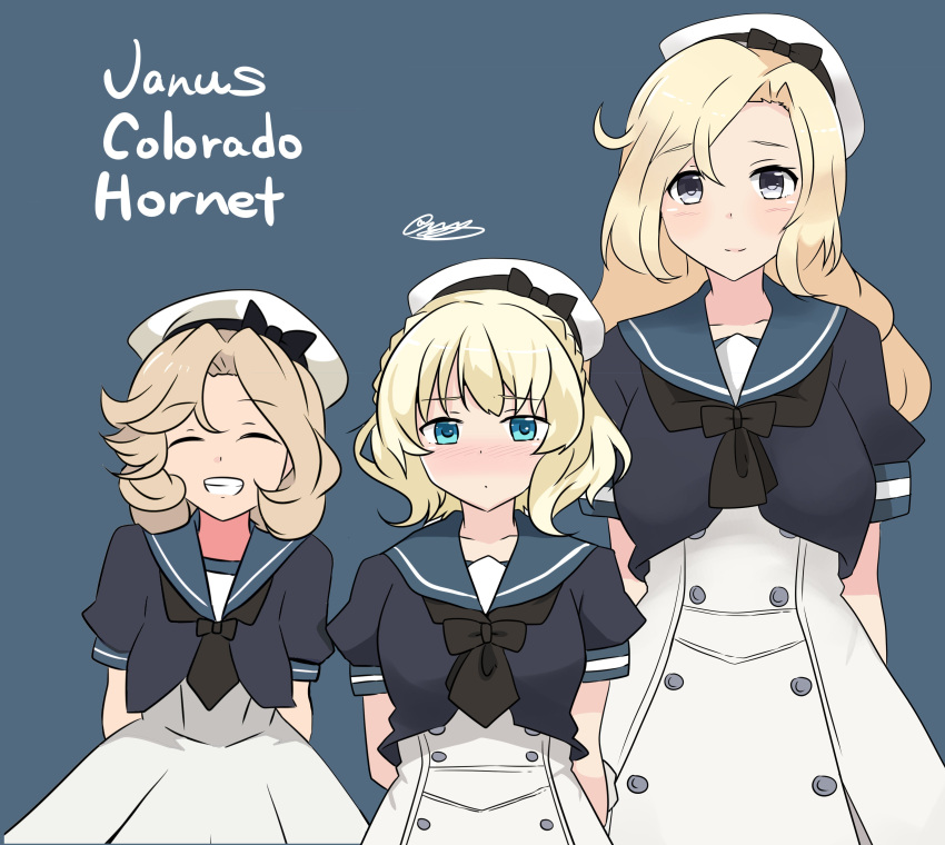 3girls, absurdres, beret, blonde_hair, blue_eyes, closed_eyes, collarbone, colorado_(kantai_collection), cosplay, grey_eyes, grin, hat, highres, hornet_(kantai_collection), janus_(kantai_collection), jervis_(kantai_collection), jervis_(kantai_collection)_(cosplay), kantai_collection, long_hair, multiple_girls, noruren, puffy_short_sleeves, puffy_sleeves, short_hair, short_sleeves, smile
