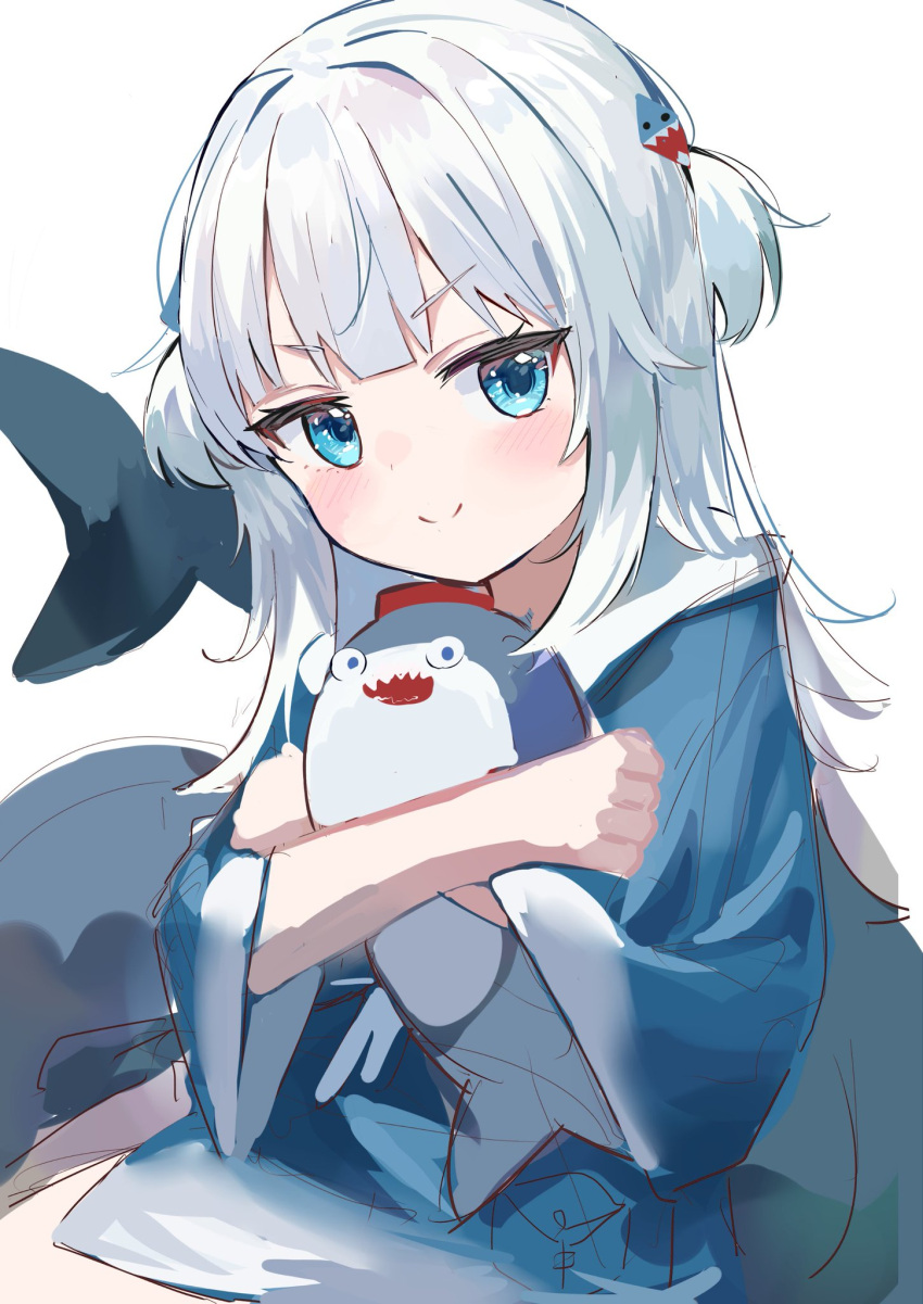 1girl, animal_hood, aroa_(aroamoyasi), bloop_(gawr_gura), blue_eyes, blue_hair, fish_tail, gawr_gura
