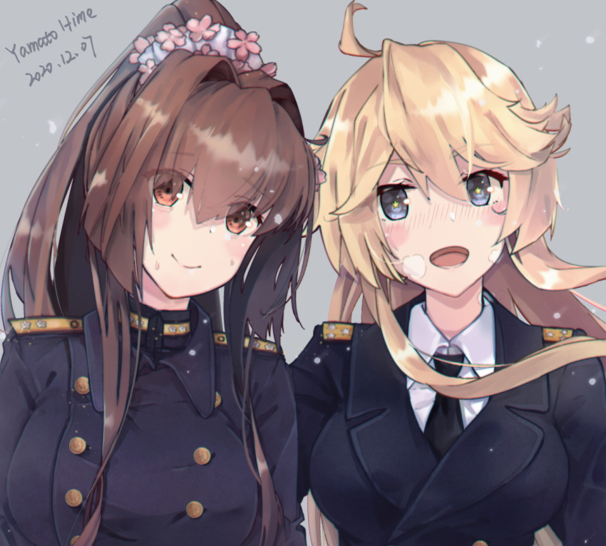 2girls, blonde_hair, blue_eyes, breasts, brown_eyes, brown_hair, gloves, hair_between_eyes