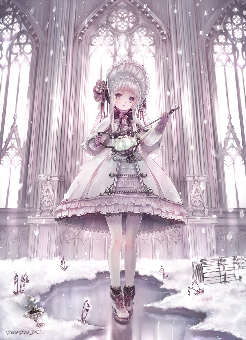 1girl, bangs, bonnet, boots, bow, capelet, closed_mouth, commentary