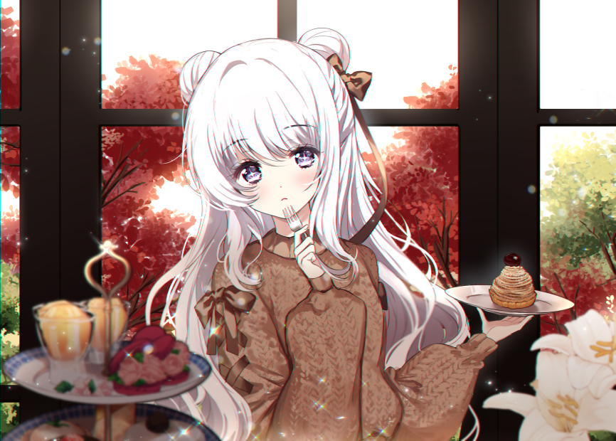1girl, azur_lane, bangs, berrypop, blush, bow, brown_bow, brown_sweater, closed_mouth, commentary, double_bun, eyebrows_visible_through_hair, flower, fork, hair_between_eyes, hair_bow, hands_up, holding, holding_fork, holding_plate, indoors, le_malin_(azur_lane), long_hair, long_sleeves, plate, puffy_long_sleeves, puffy_sleeves, sleeves_past_wrists, solo, sweater, symbol_commentary, tiered_tray, upper_body, very_long_hair, violet_eyes, white_flower, white_hair, window
