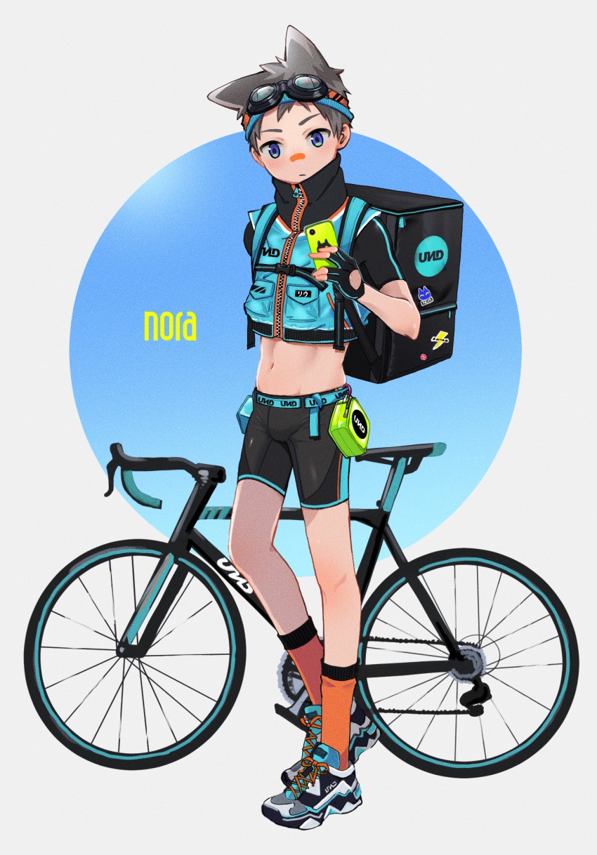 1boy, backpack, bag, bandaid, bandaid_on_nose, belt, bicycle, bike_shorts, black_hair, blue_eyes, blush, cellphone, chip_ice, fingerless_gloves, full_body, gloves, ground_vehicle, highres, male_focus, midriff, navel, orange_legwear, original, phone, shoes, sneakers, socks, solo