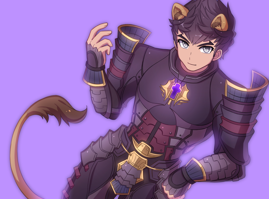 1boy, animal_ears, armor, black_hair, chest_jewel, cowboy_shot, dutch_angle, enni
