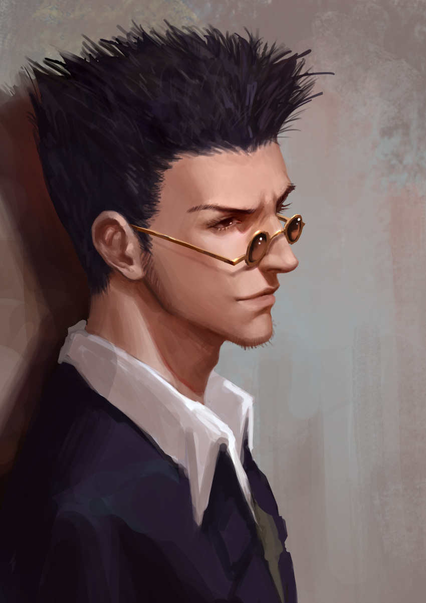 1boy, absurdres, black_hair, facial_hair, glasses, highres, hunter_x_hunter, leorio_paladiknight