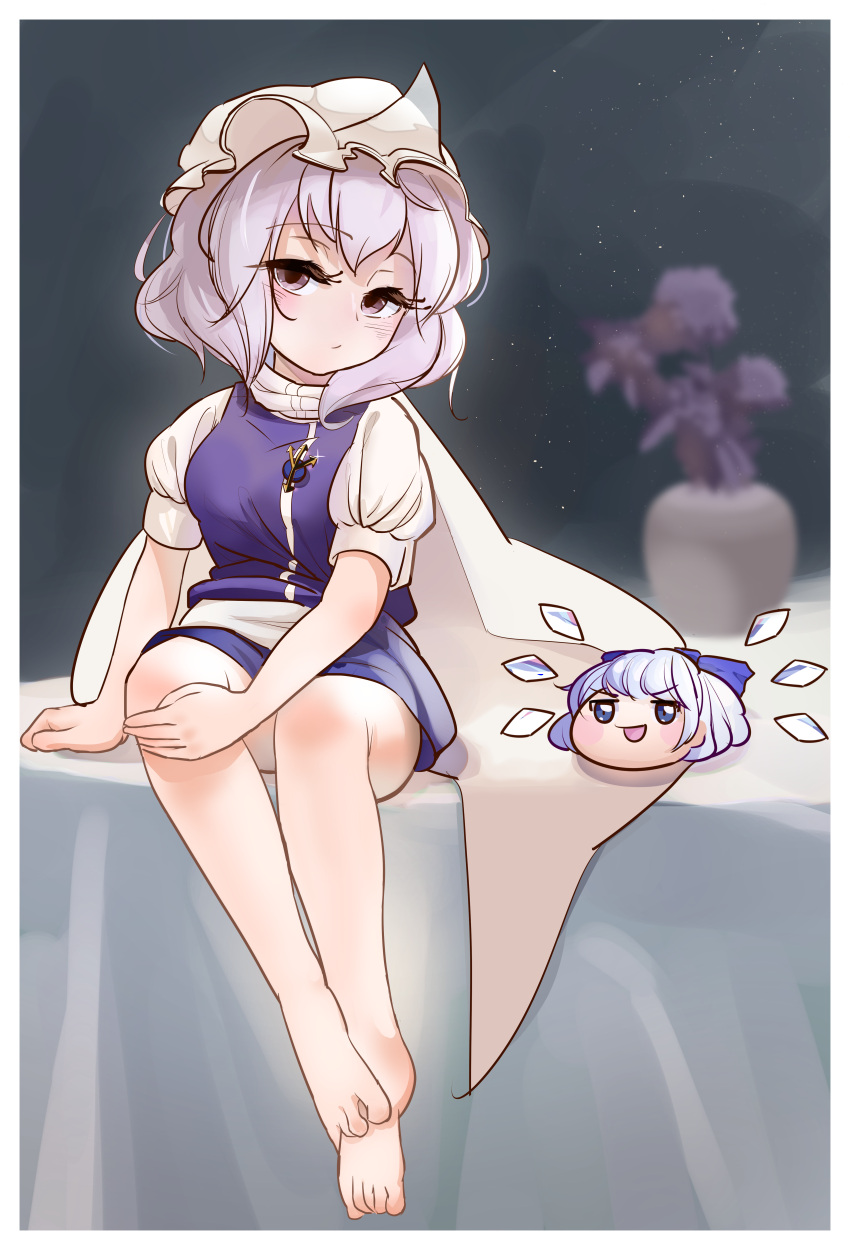 2girls, absurdres, arm_support, barefoot, blue_bow, blue_dress, blue_hair, blurry