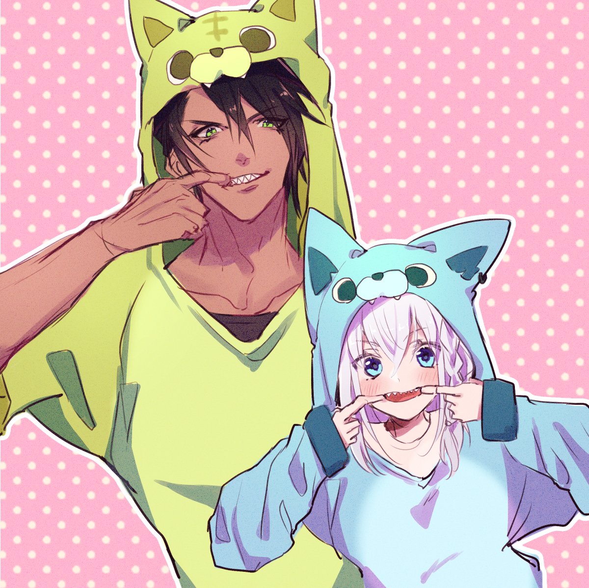 1boy, 1girl, aragami_ouga, bangs, black_hair, black_shirt, blue_eyes, blue_hoodie, braid, collarbone, commentary_request, dotted_background, eyebrows_visible_through_hair, finger_in_mouth, fox_girl, green_eyes, green_hoodie, hair_between_eyes, hololive, holostars, hood, hoodie, jinra_(mkzk_116), looking_at_viewer, mouth_pull, pink_background, sharp_teeth, shirakami_fubuki, shirt, sidelocks, single_braid, teeth, virtual_youtuber, white_hair, white_shirt