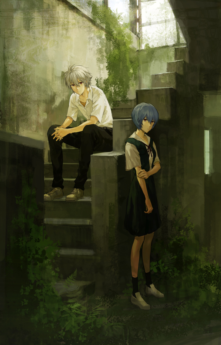 1boy, 1girl, absurdres, ayanami_rei, bangs, black_legwear, black_pants, blue_hair