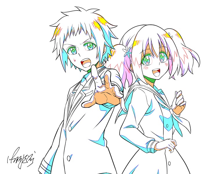 1boy, 1girl, color_trace, dress, hiiragi_nana, looking_at_viewer, munou_na_nana, nakajima_nanao