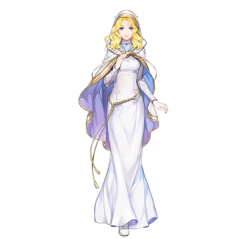 1girl, absurdres, bangs, blonde_hair, blue_eyes, breasts, cape, dress, fire_emblem, fire_emblem:_the_sacred_stones, fire_emblem_heroes, full_body, highres, hood, itou_misei, long_dress, long_hair, long_sleeves, medium_breasts, natasha_(fire_emblem), official_art, solo, transparent_background, white_footwear