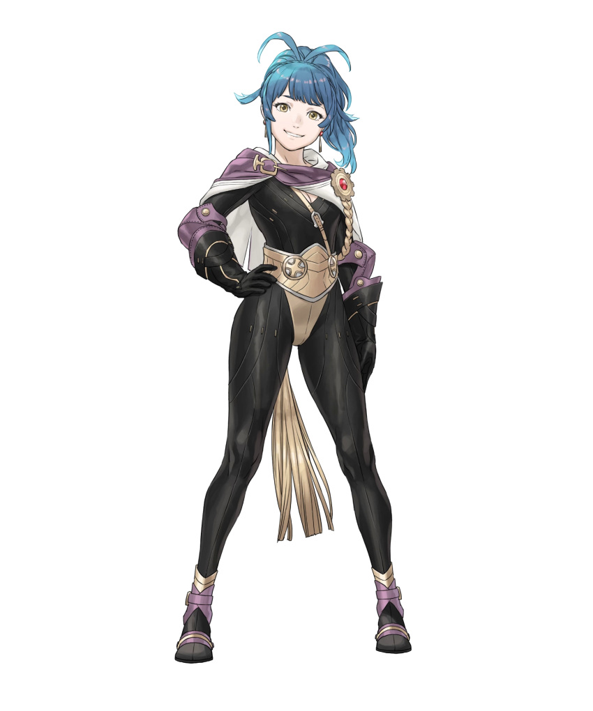 1girl, bangs, black_bodysuit, blue_hair, bodysuit, cape, earrings, fire_emblem