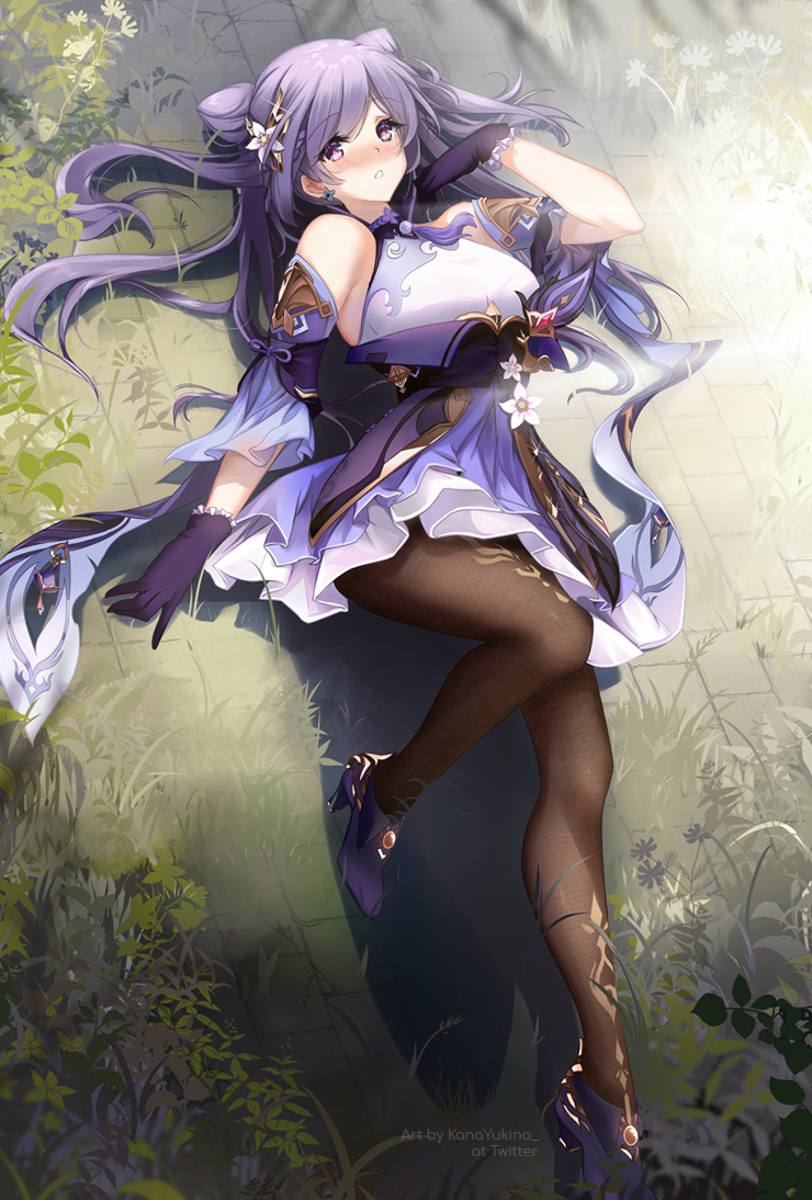 1girl, bare_shoulders, black_legwear, breasts, detached_sleeves, double_bun, dress, frilled_dress
