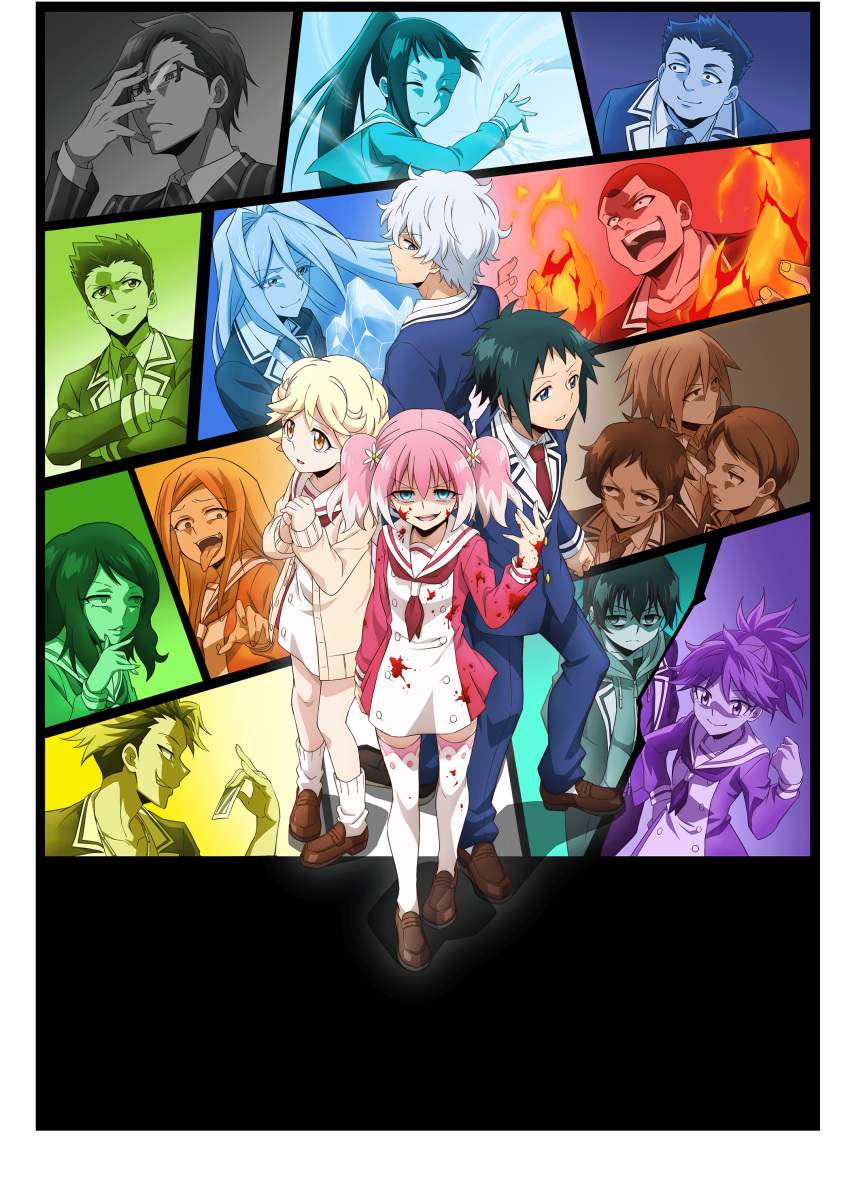 6+boys, 6+girls, absurdres, adjusting_eyewear, black_hair, blonde_hair, blood, blood_on_face, blood_splatter, bloody_clothes, blue_eyes, brown_eyes, crossed_arms, dress, everyone, evil_grin, evil_smile, flower, full_body, glasses, grin, habu_kirara, hair_flower, hair_ornament, hatadaira_tsunekichi, highres, hiiragi_nana, iijima_moguo, inukai_michiru, ishii_ryuji, kazama_shinji_(munou_na_nana), key_visual, kori_seiya, loafers, looking_afar, looking_at_viewer, looking_back, loose_socks, multiple_boys, multiple_girls, munou_na_nana, nakajima_nanao, necktie, official_art, onodera_kyouya, open_mouth, parted_lips, pink_hair, red_neckwear, sailor_dress, sasaki_yuuka_(munou_na_nana), school_uniform, shibusawa_youhei, shoes, silver_hair, smile, sorano_fuko, spoilers, standing, tachibana_jin, takanashi_kaori, thigh-highs, white_legwear
