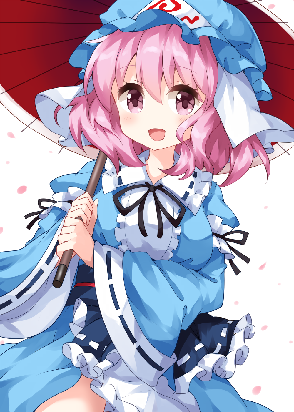 1girl, bangs, black_ribbon, blue_headwear, blue_kimono, blue_ribbon, blue_sash, cherry_blossoms