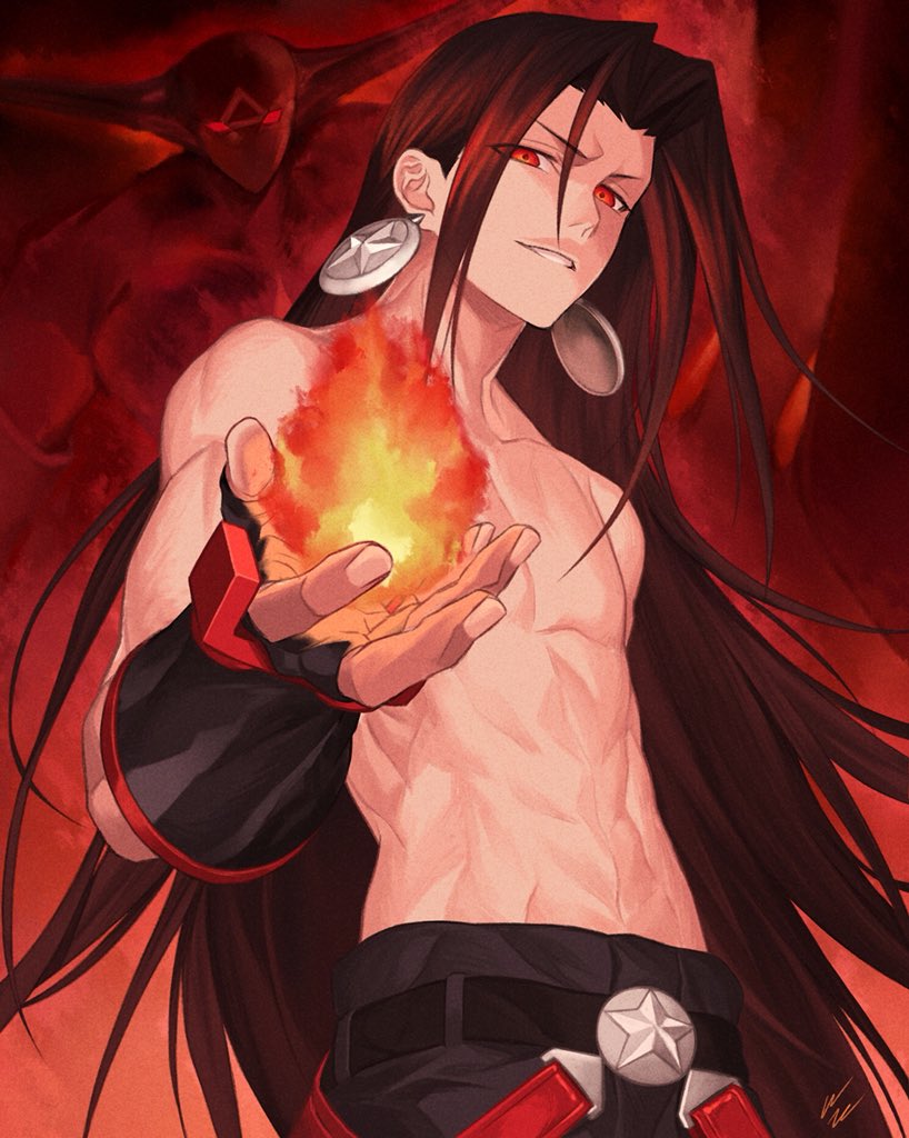 1boy, asakura_hao, belt, belt_buckle, black_gloves, brown_hair, buckle, earrings