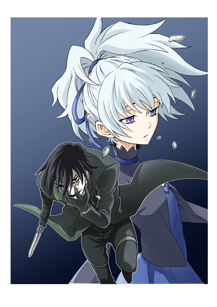 1boy, 1girl, absurdres, black_coat, black_eyes, black_gloves, black_hair, blue_bow