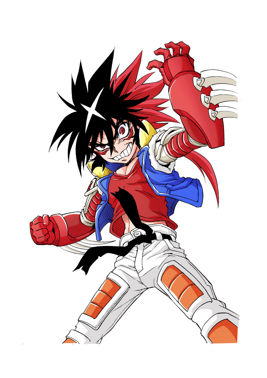1990s_(style), 1boy, absurdres, arm_blade, arm_up, belt, black_belt, black_hair