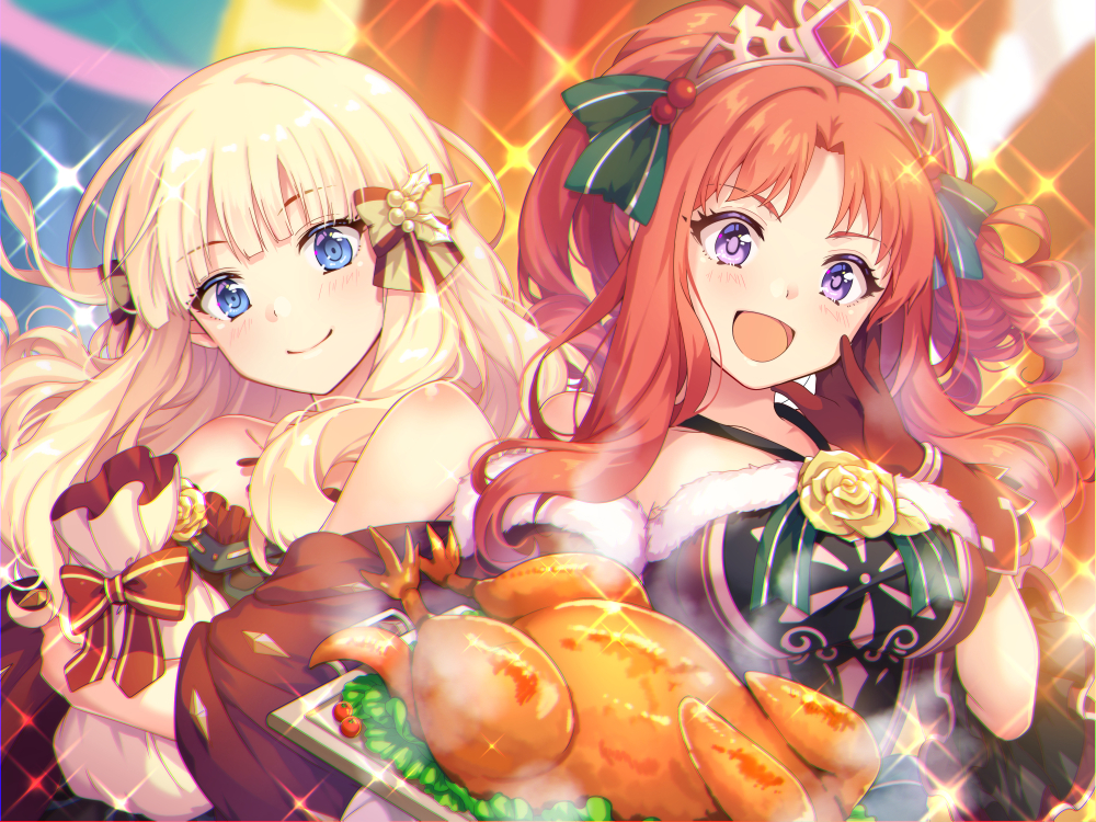 2girls, akino_(princess_connect!), bangs, bare_shoulders, blonde_hair, blue_eyes, blush, bow