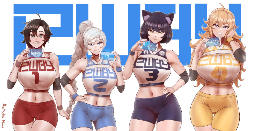 4girls, absurdres, aestheticc-meme, ahoge, animal_ears, bangs, bare_shoulders, bike_shorts