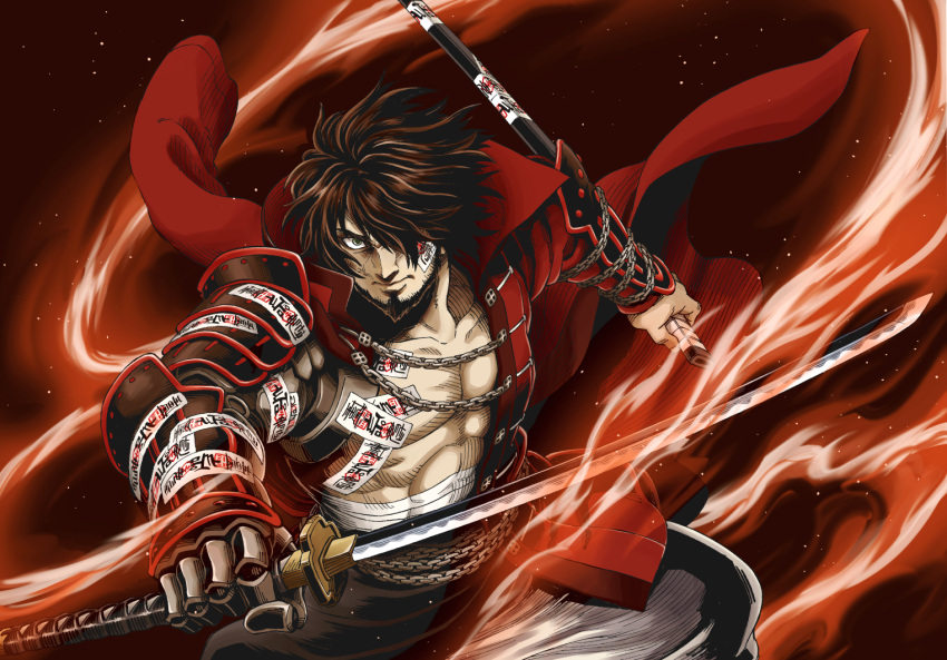 1boy, armor, bandages, beard, bloodstained:_ritual_of_the_night, brown_hair, chain, closed_mouth
