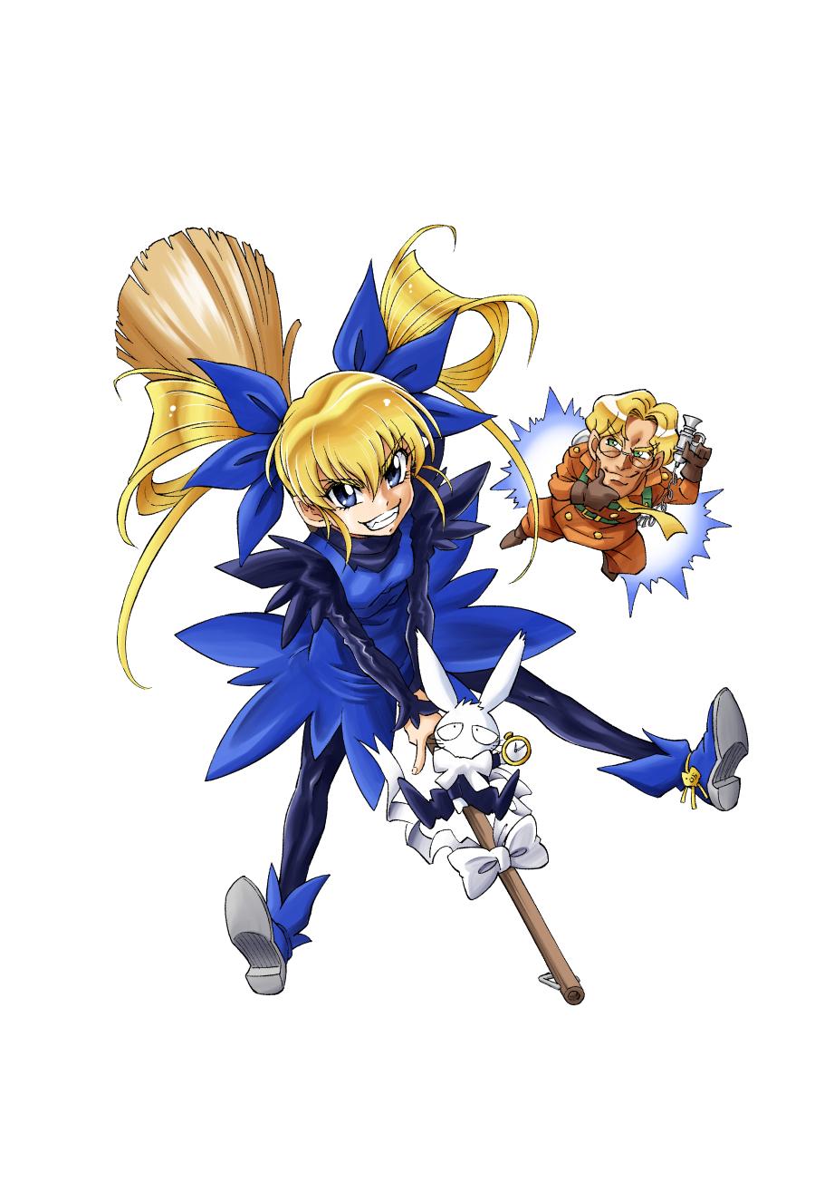 1990s_(style), 1boy, 1girl, blonde_hair, blue_dress, blue_eyes, blue_footwear, bow