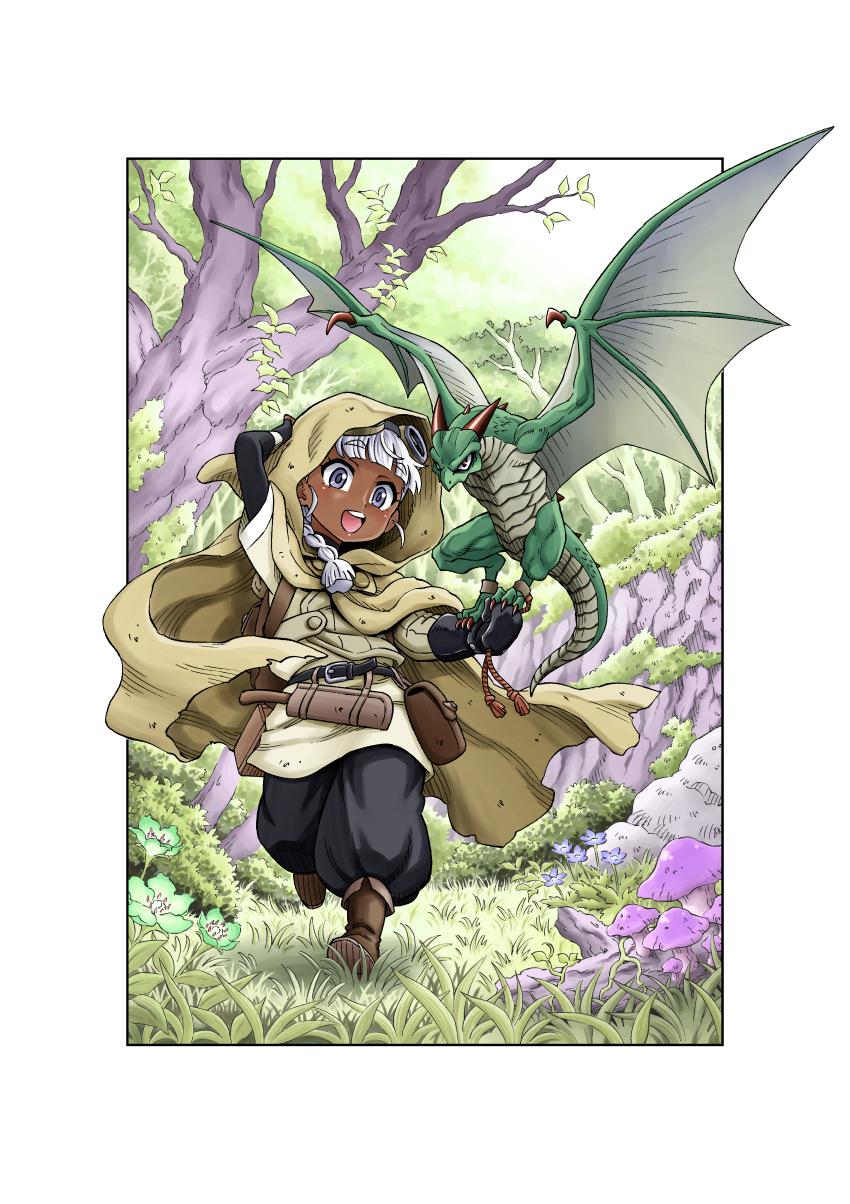 1girl, arm_up, backpack, bag, belt, belt_pouch, blue_flower, border, brown_bag, brown_cloak, cloak, dark_skin, dark-skinned_female, demi_(pixiv22036971), dragon, eyebrows_visible_through_hair, flower, goggles, goggles_on_head, green_flower, hatching_(texture), highres, hood, hood_up, hooded_cloak, long_hair, mushroom, nature, open_mouth, original, outdoors, pouch, red_eyes, sheath, sheathed, smile, teeth, tongue, tree, upper_teeth, violet_eyes, white_border, white_hair