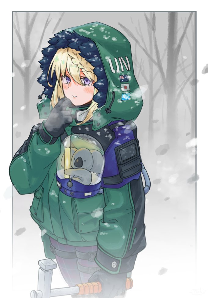 1girl, animal, australian_flag, bangs, black_gloves, blonde_hair, blush, braid