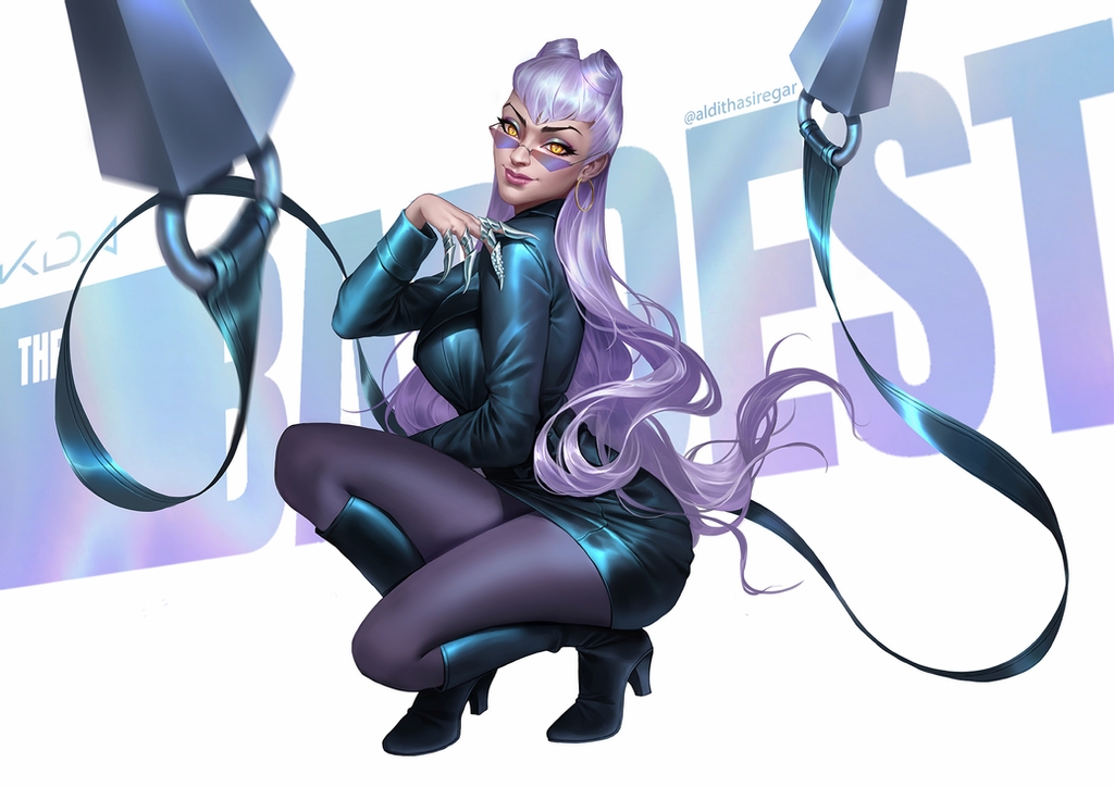 black_legwear, boots, business_suit, claws, demon_girl, evelynn_(league_of_legends), formal, glasses