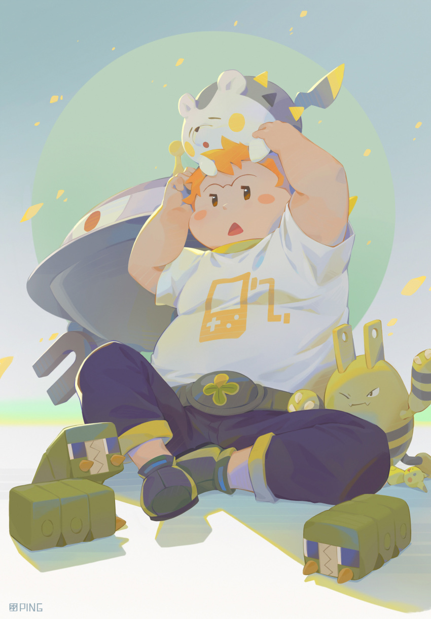 1boy, absurdres, belt, black_pants, blush_stickers, brown_eyes, charjabug, commentary