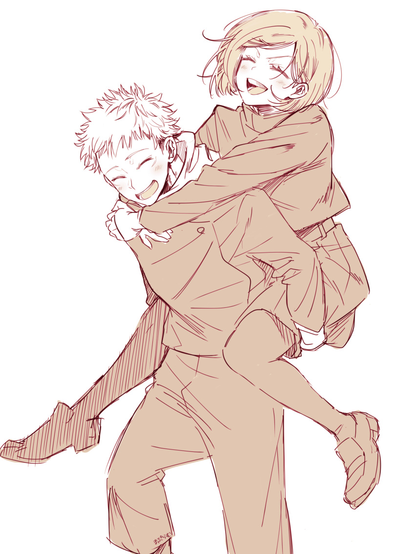 1boy, 1girl, absurdres, carrying, closed_eyes, commentary, happy, highres