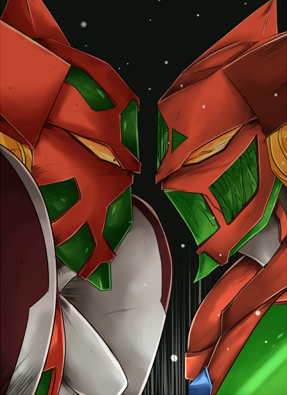 apocrypha_getter_robo_darkness, character_request, copyright_request, crossover, getter-1_(getter_darkness), getter_robo, grin, horns, mecha, no_humans, science_fiction, sharp_teeth, shin_getter-1, shin_getter_robo, smile, super_robot, tanaka_houjou, teeth, yellow_eyes