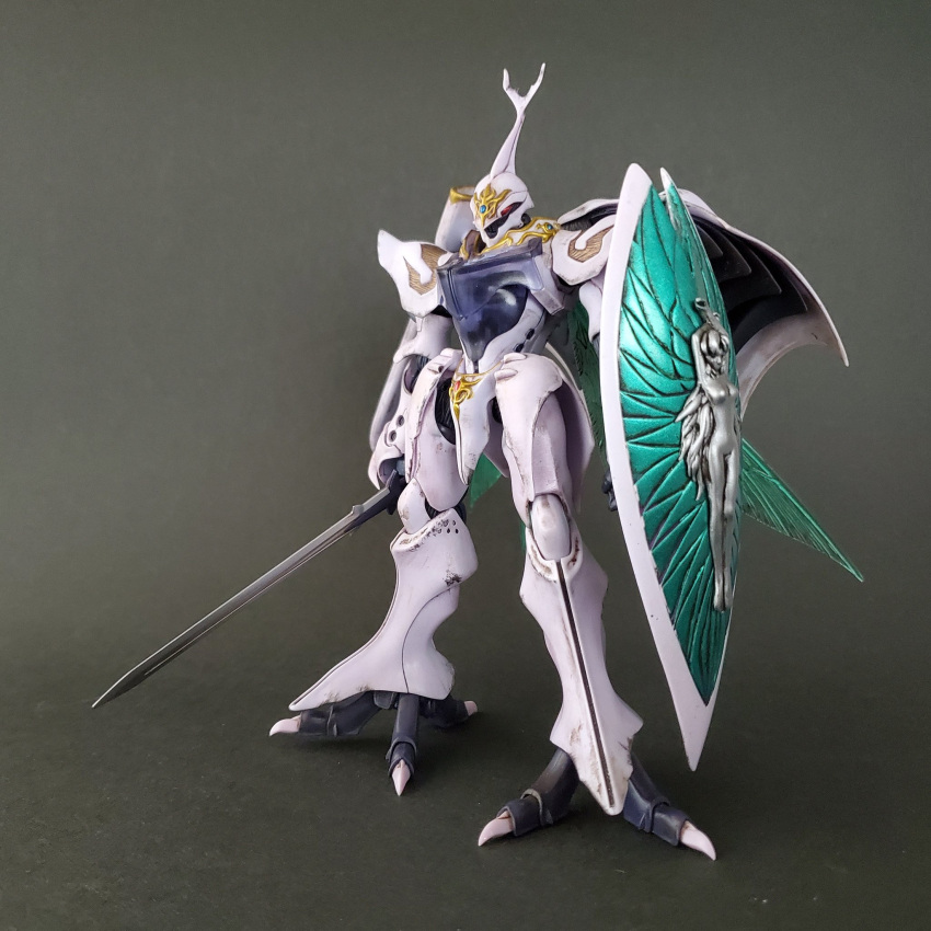 aura_battler_dunbine_tale_of_the_neo_byston_well, grey_background, highres, holding, holding_shield, holding_sword, holding_weapon, insect_wings