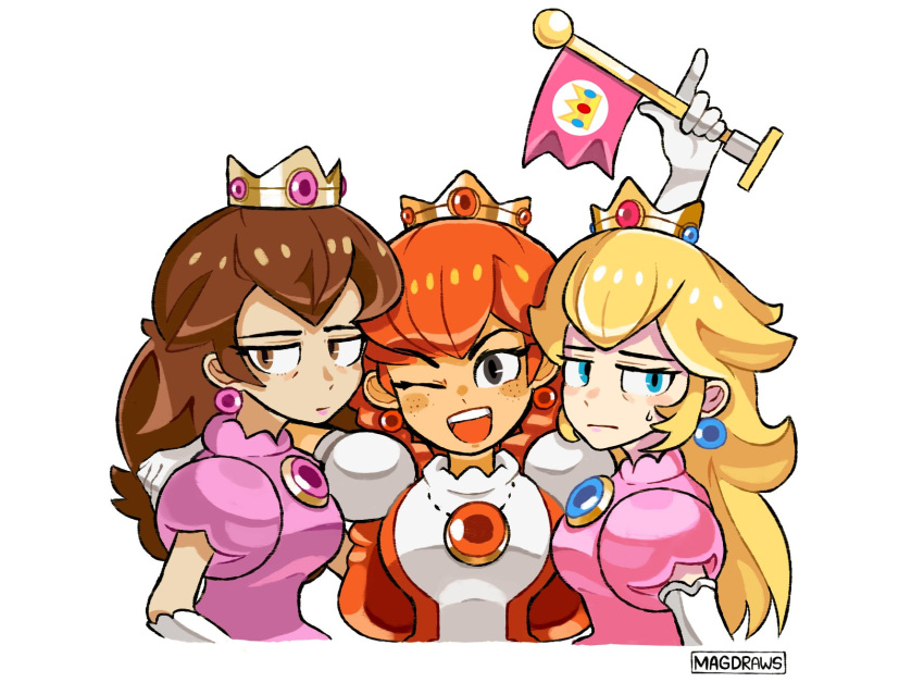 3girls, annoyed, blonde_hair, blue_eyes, breasts, brown_eyes, brown_hair, crown