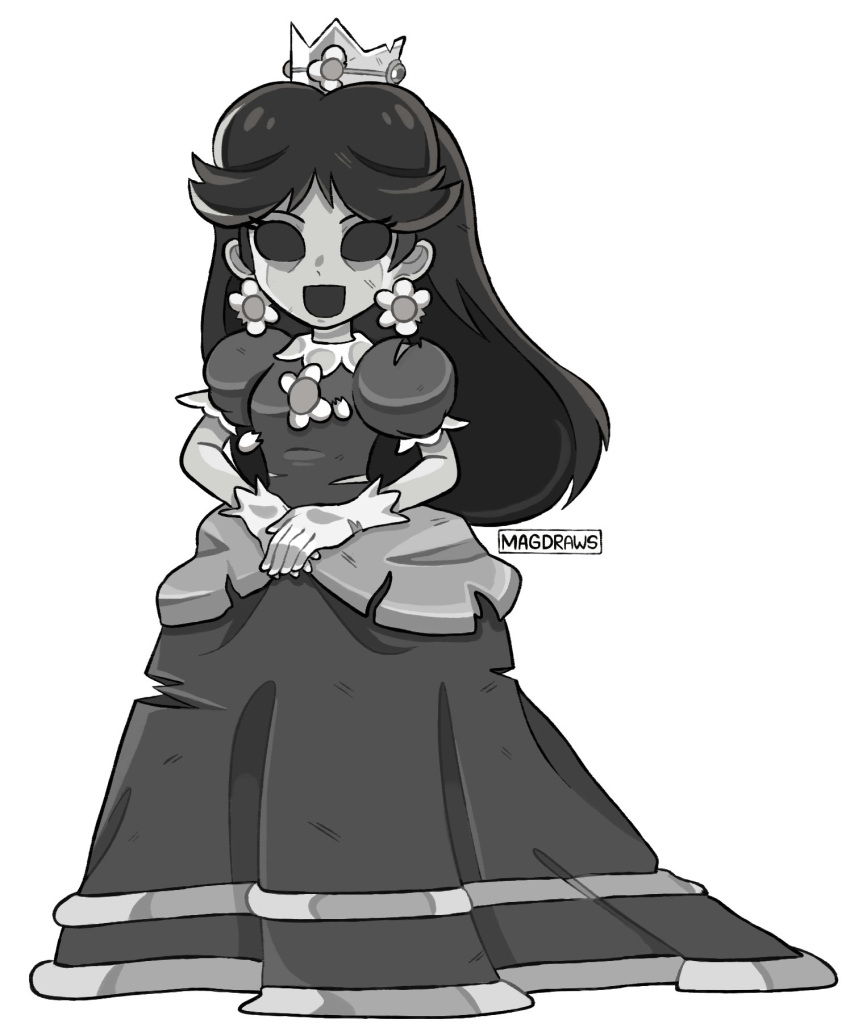 1girl, artist_name, crown, dress, earrings, english_commentary, flower_earrings, gloves