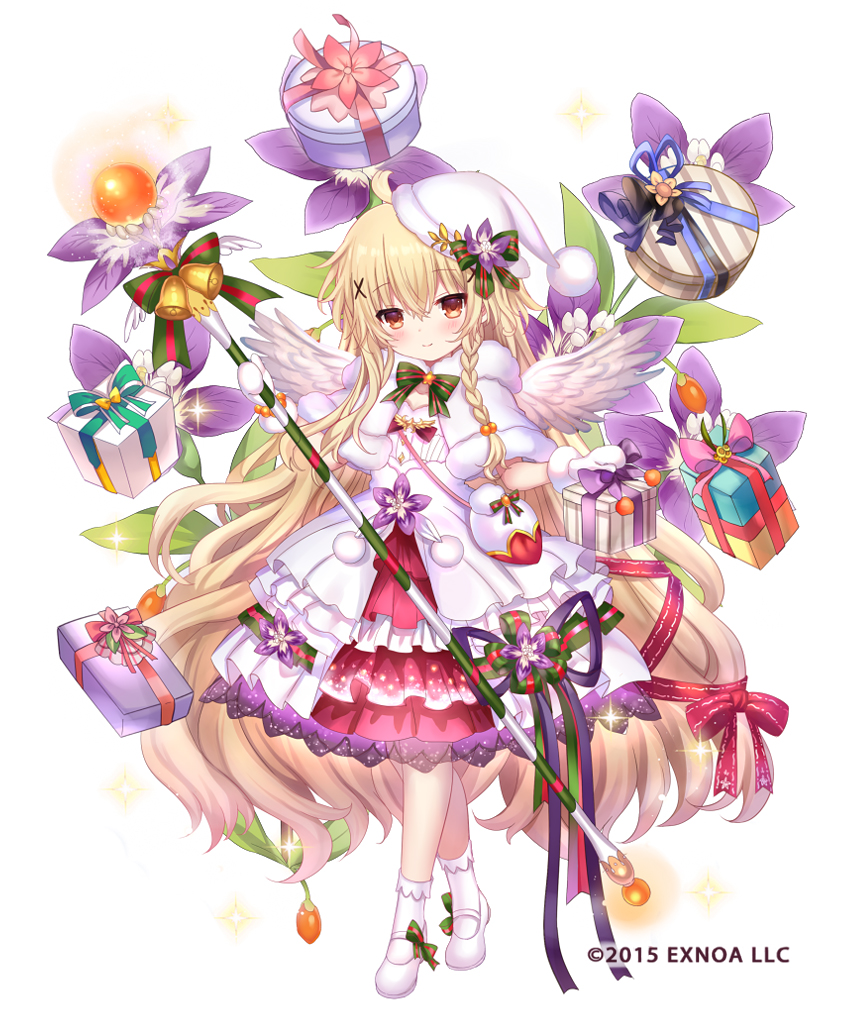 1girl, angel_wings, bangs, bell, blonde_hair, bobby_socks, box, capelet, christmas, closed_mouth, commentary_request, crossed_legs, dress, eyebrows_visible_through_hair, feathered_wings, flower, flower_knight_girl, full_body, fur-trimmed_capelet, fur-trimmed_headwear, fur-trimmed_mittens, fur_trim, gift, gift_box, glowing, hair_between_eyes, hair_ornament, hat, holding, holding_staff, kuko_(flower_knight_girl), long_hair, mary_janes, mittens, object_namesake, official_art, orb, purple_flower, red_eyes, santa_hat, shiodome_oji, shoes, simple_background, smile, socks, solo, staff, standing, tilted_headwear, very_long_hair, watermark, white_background, white_capelet, white_dress, white_footwear, white_headwear, white_legwear, white_mittens, white_wings, wings, x_hair_ornament