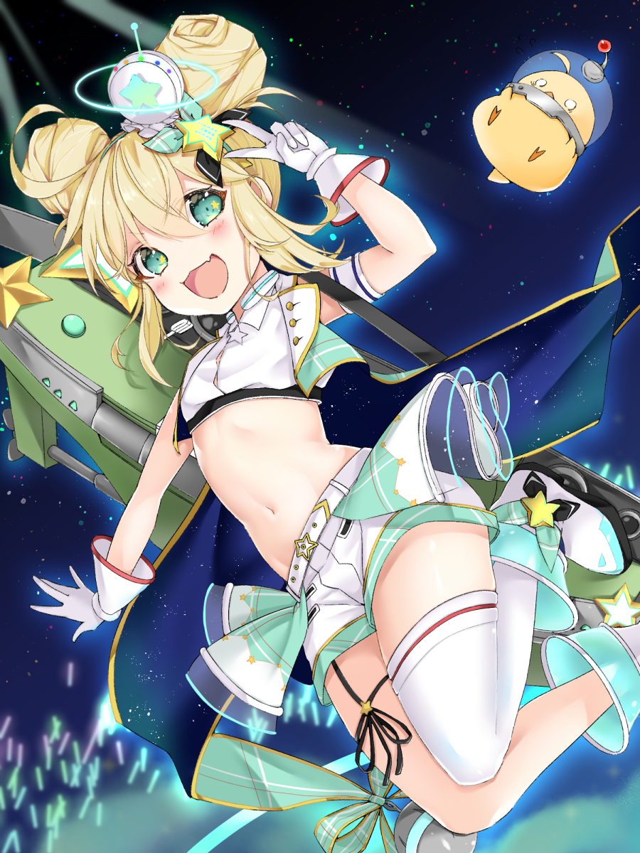 1girl, :d, albacore_(azur_lane), arm_up, azur_lane, bangs, bare_shoulders, blonde_hair