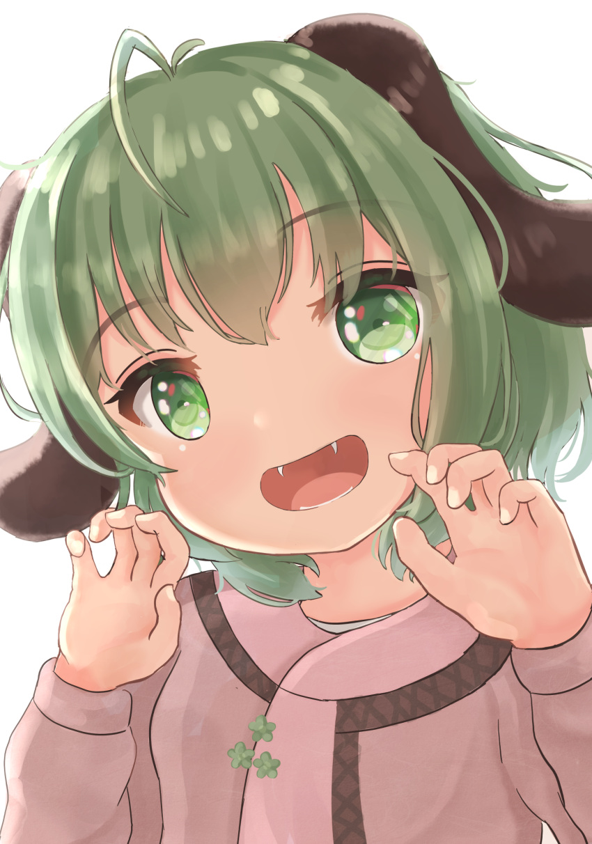 1girl, :d, animal_ears, antenna_hair, bangs, commentary, dog_ears, eyebrows_visible_through_hair