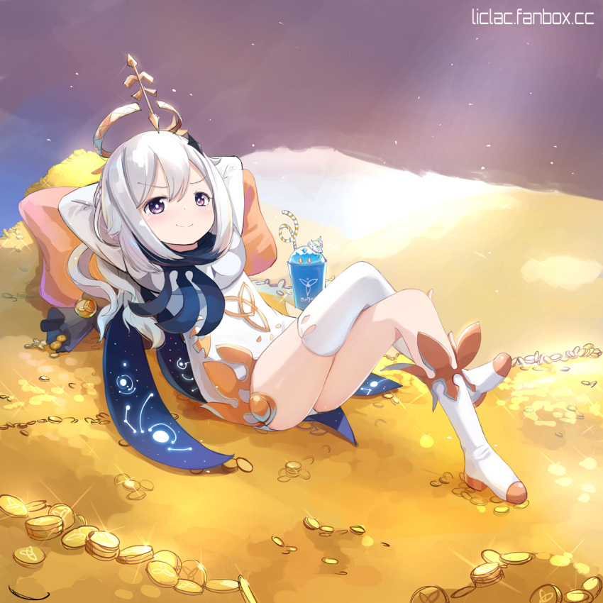 1girl, arms_behind_head, arms_up, bangs, closed_mouth, coin, commentary_request, crazy_straw