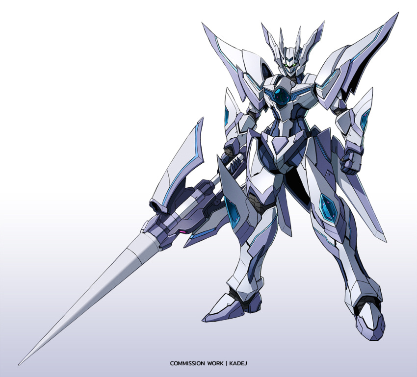 blue_eyes, clenched_hand, commission, english_commentary, gradient, gradient_background, holding, holding_lance