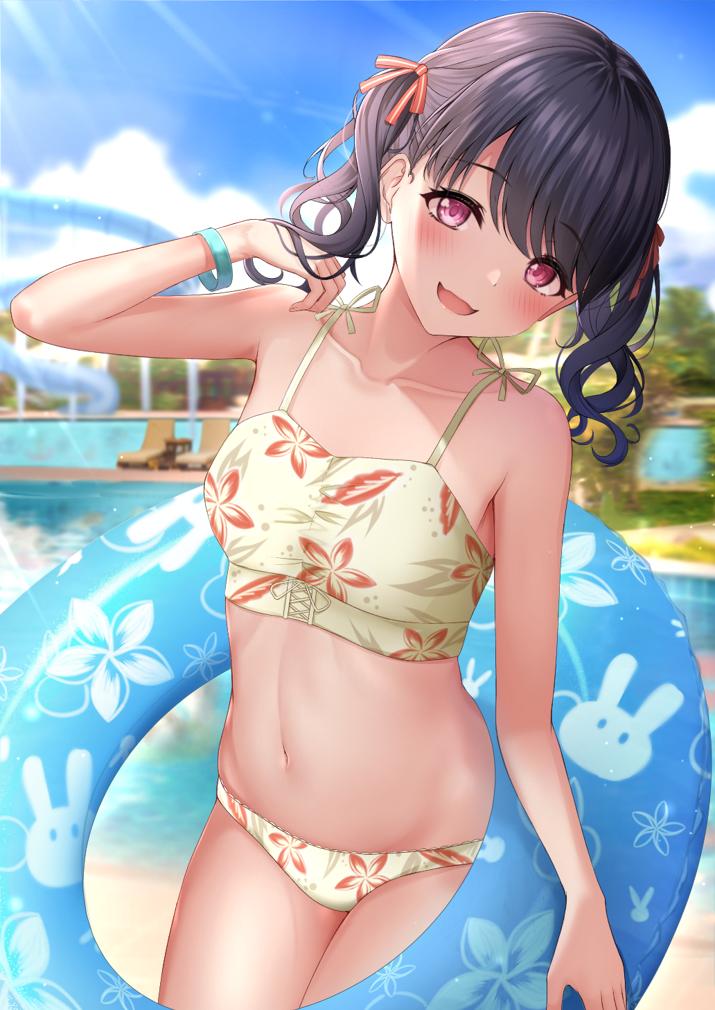 1girl, :d, bare_arms, bare_shoulders, bikini, black_hair, blurry, blurry_background